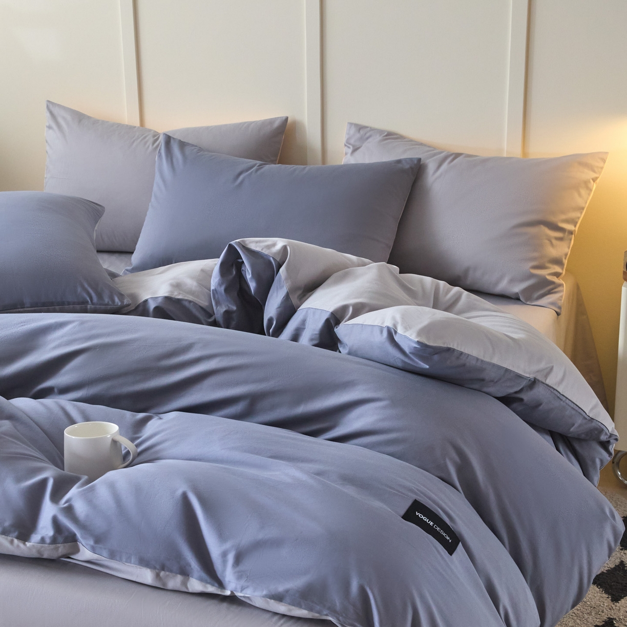 91家纺网 家纺一手货源 找家纺 乐美家纺 2025新款全棉双拼单被套 布鲁兰+石灰