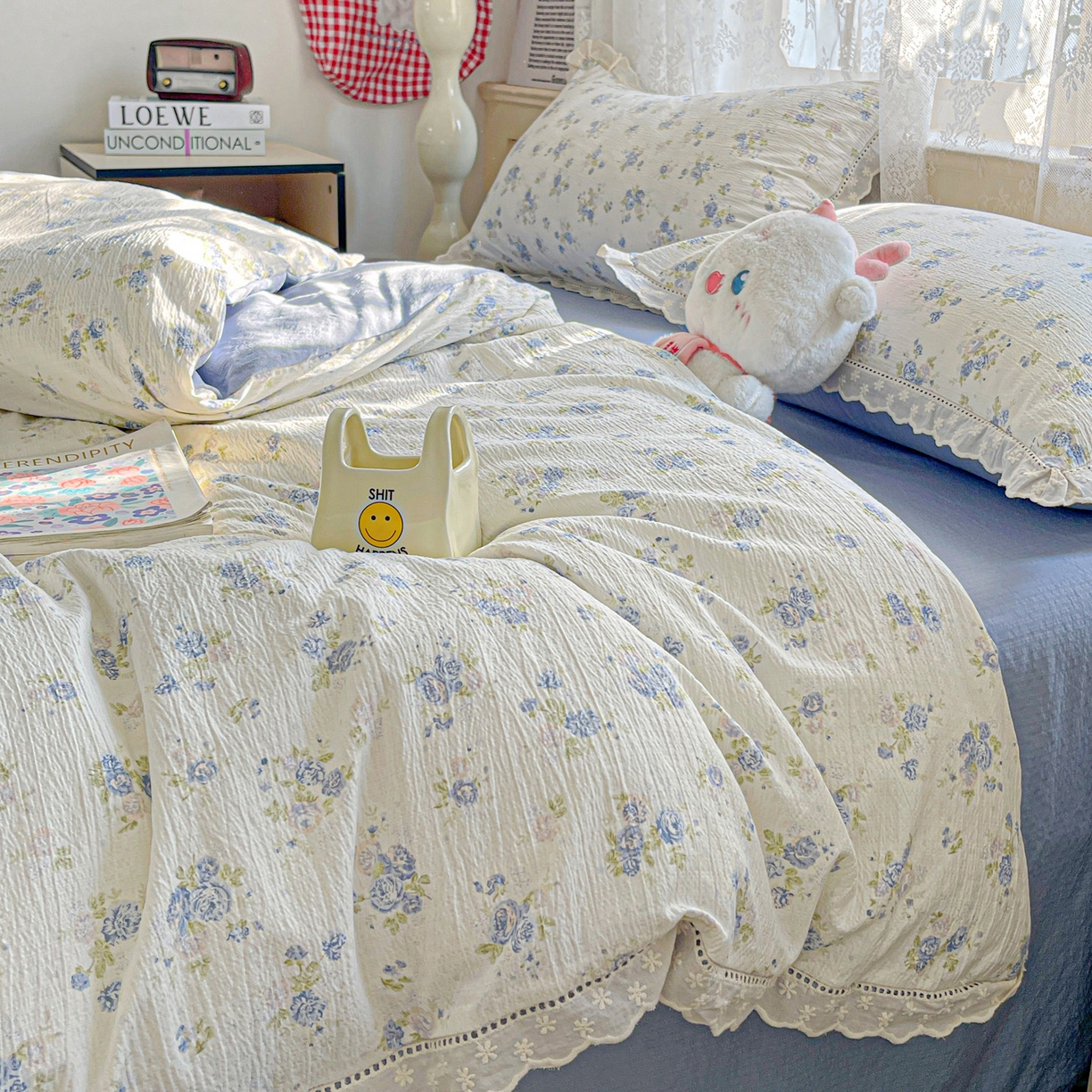 91家纺网 家纺一手货源 找家纺 水木坊 2025新款皱皱双层纱镂空花边四件套 一帘幽梦