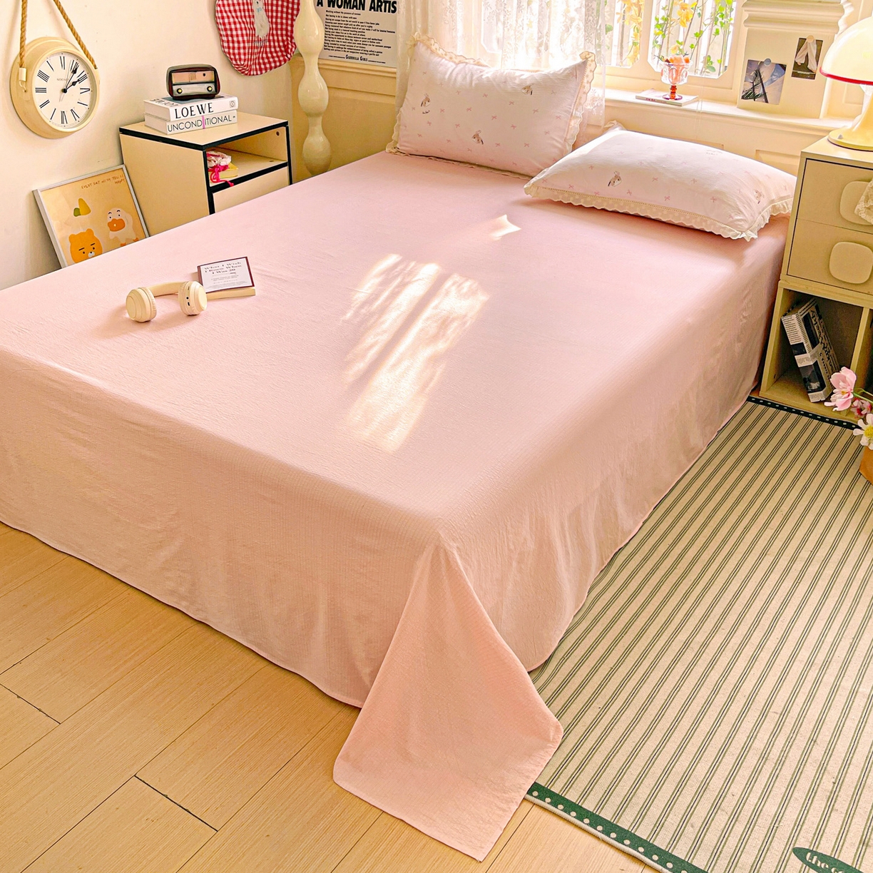 91家纺网 家纺一手货源 找家纺 水木坊 2025新款皱皱双层纱镂空花边四件套 兔叽奶糖