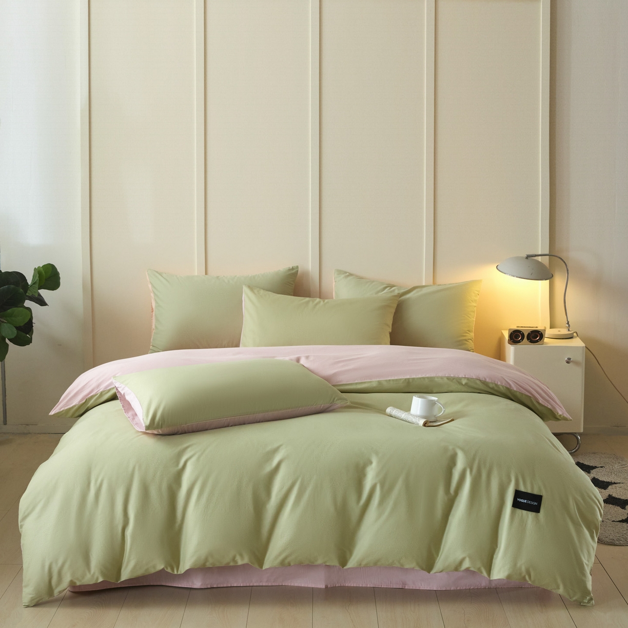 91家纺网 家纺一手货源 找家纺 乐美家纺 2025新款全棉双拼单被套 豆绿+西梅粉