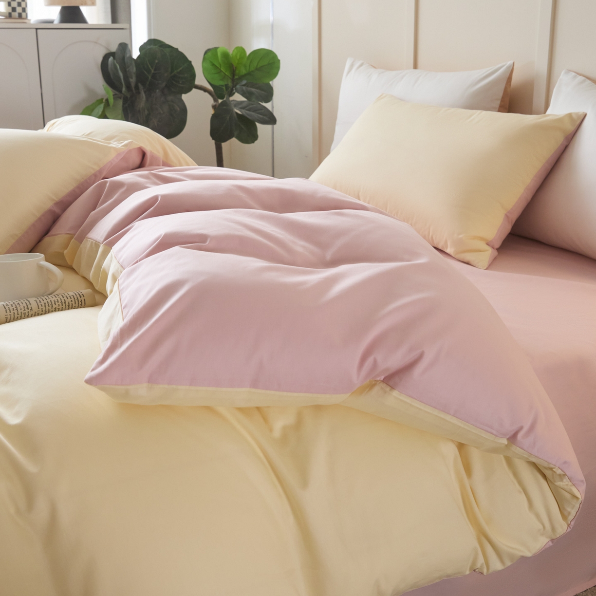 91家纺网 家纺一手货源 找家纺 乐美家纺 2025新款全棉双拼单被套 芝士黄+芍药粉