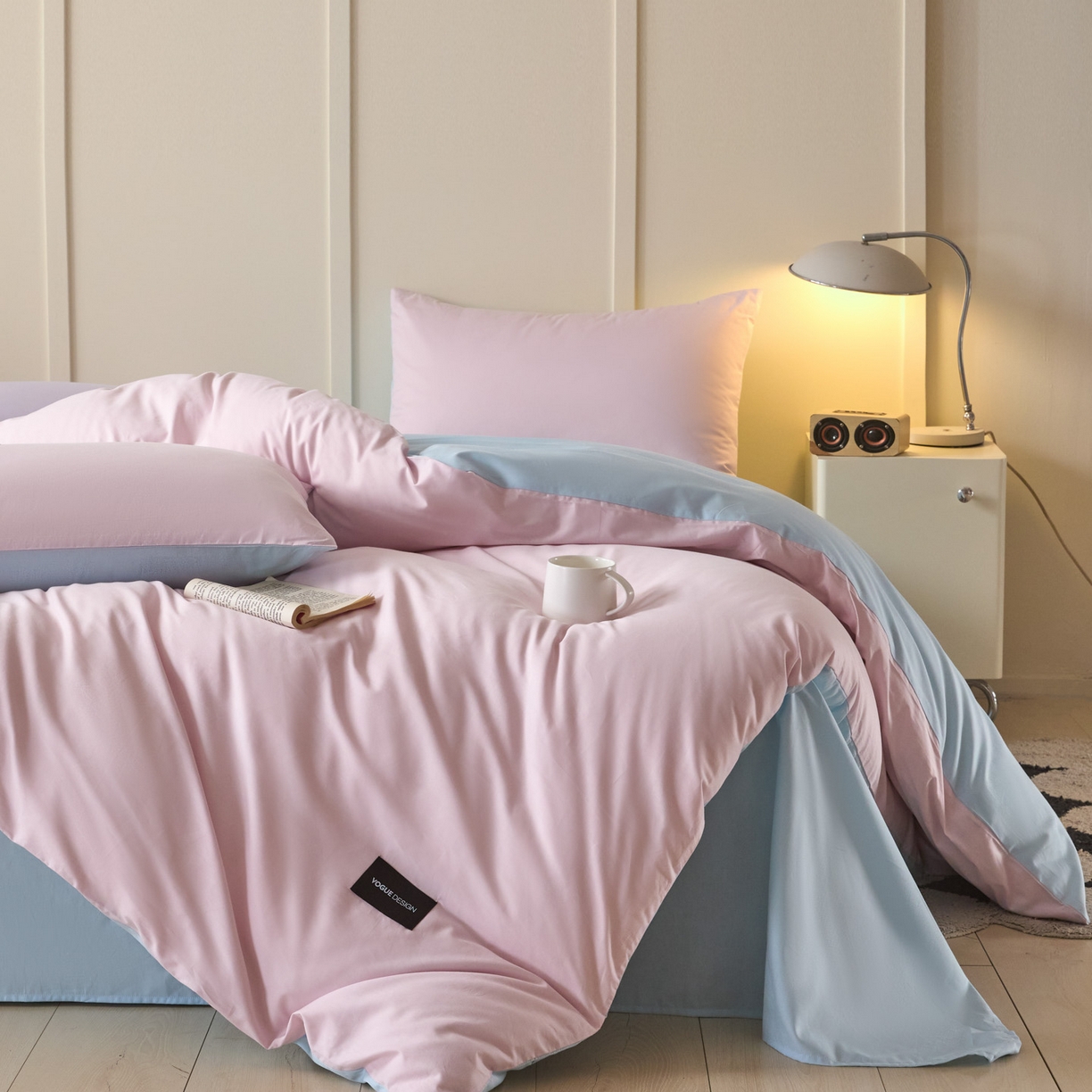 91家纺网 家纺一手货源 找家纺 乐美家纺 2025新款全棉双拼单被套 微微紫+粉末蓝