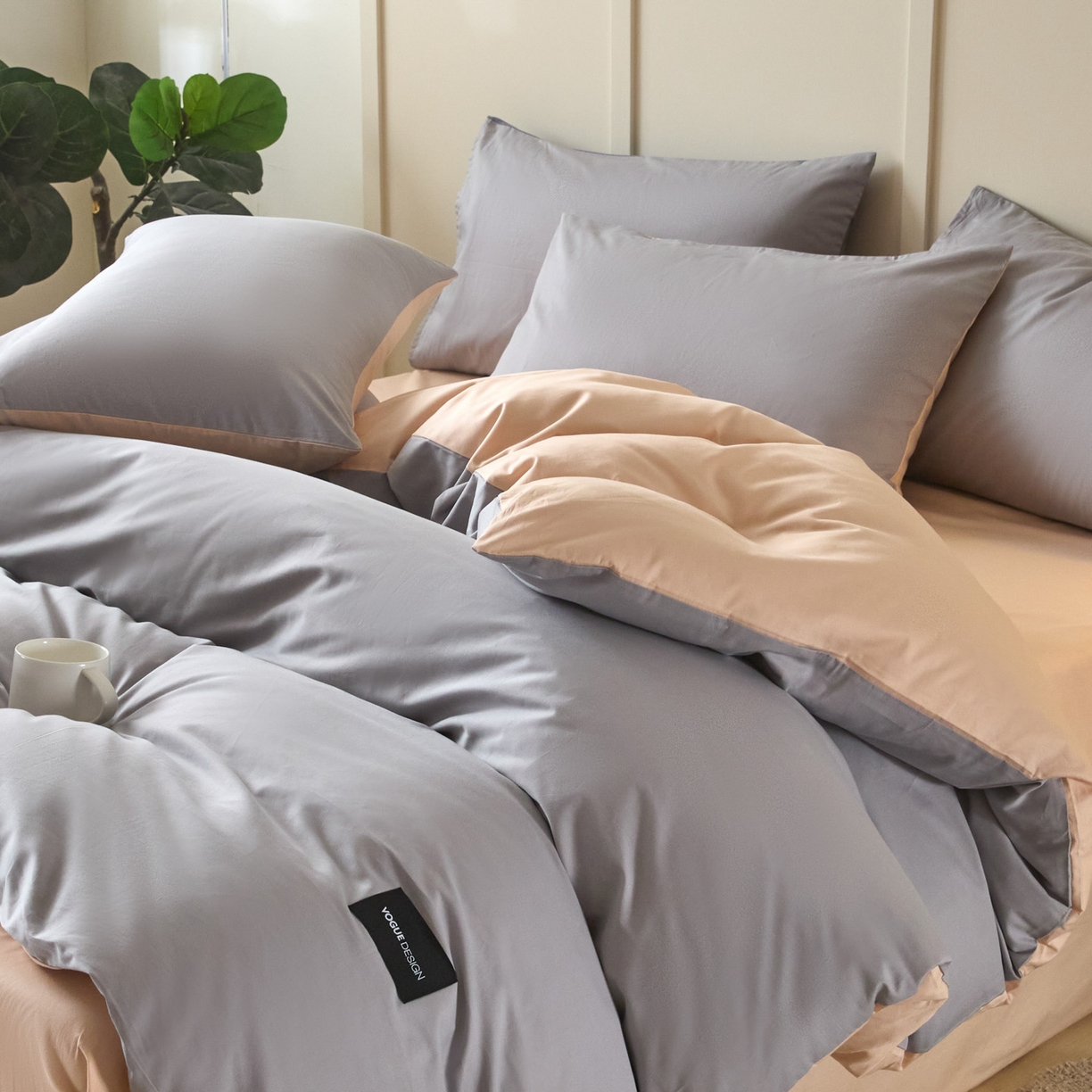 91家纺网 家纺一手货源 找家纺 乐美家纺 2025新款全棉双拼单被套 石灰+米杏