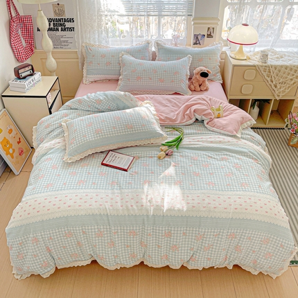 水木坊 2025新款皱皱双层纱镂空花边四件套 盐系少女