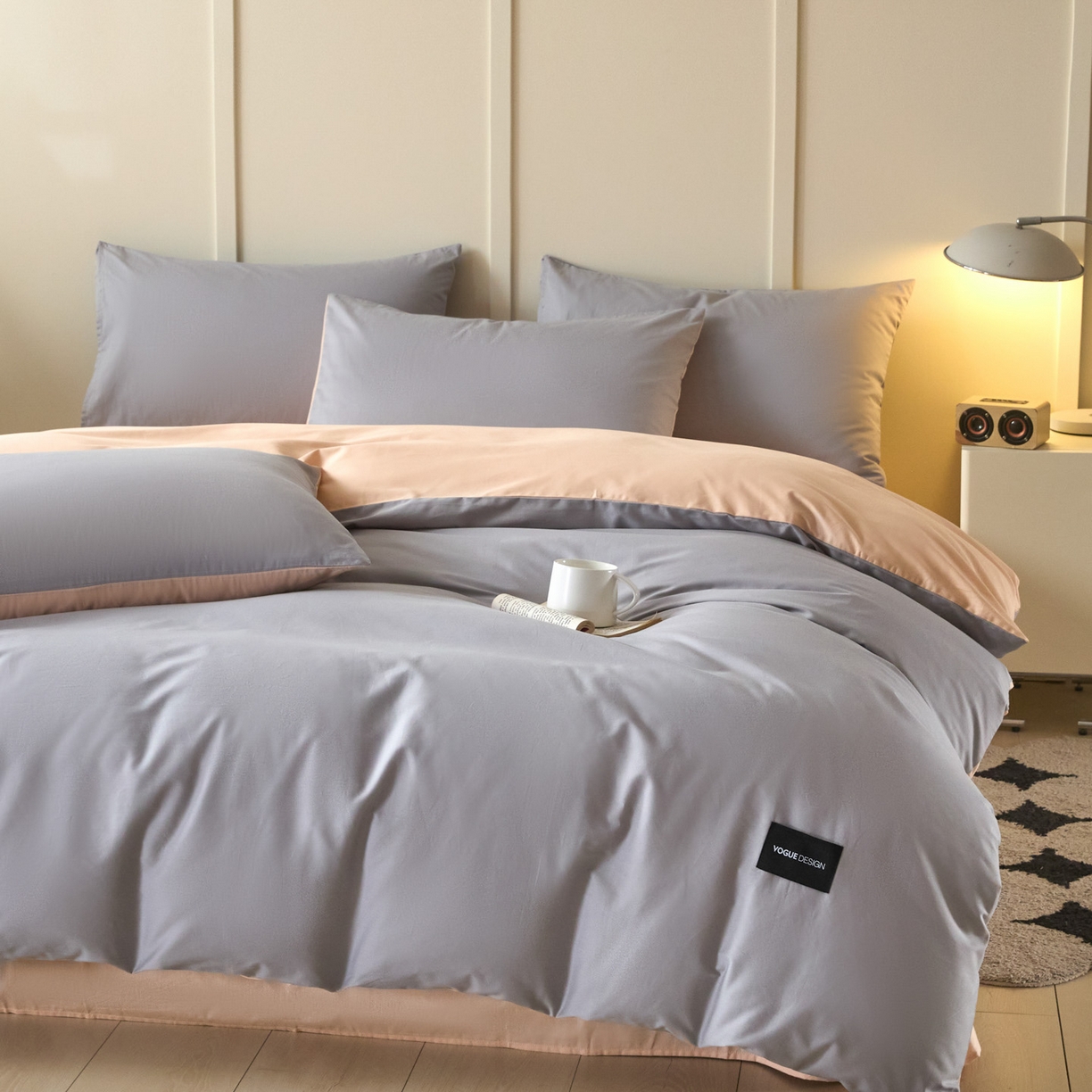 91家纺网 家纺一手货源 找家纺 乐美家纺 2025新款全棉双拼单被套 石灰+米杏