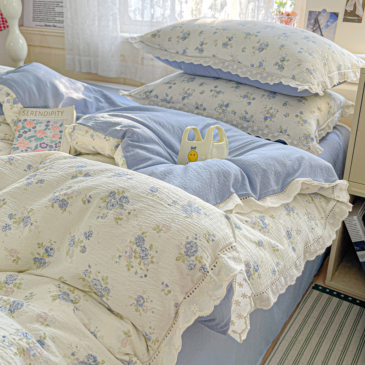 91家纺网 家纺一手货源 找家纺 水木坊 2025新款皱皱双层纱镂空花边四件套 一帘幽梦