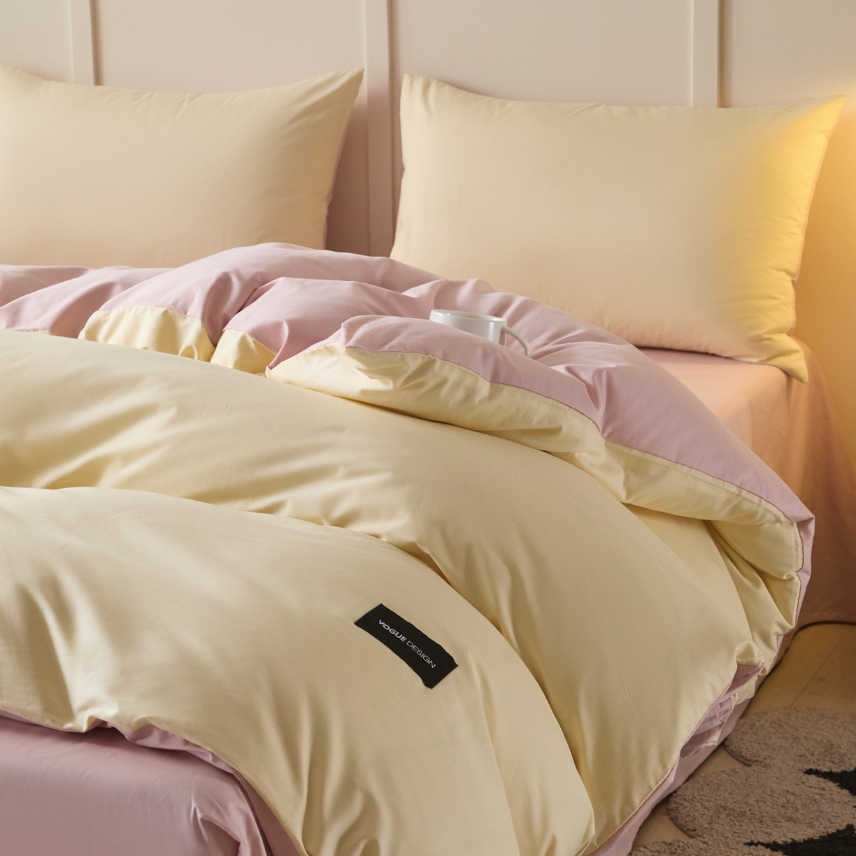 91家纺网 家纺一手货源 找家纺 乐美家纺 2025新款全棉双拼单被套 芝士黄+芍药粉