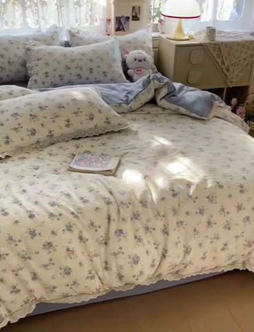 91家纺网 家纺一手货源 找家纺 水木坊 2025新款皱皱双层纱镂空花边四件套 一帘幽梦