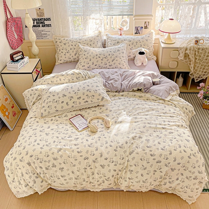 91家纺网 家纺一手货源 找家纺 （总）水木坊 2025新款皱皱双层纱镂空花边四件套