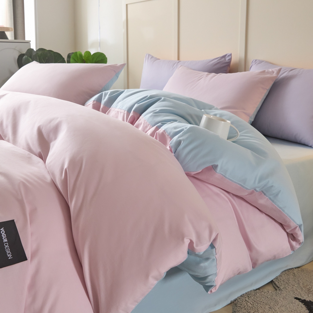 91家纺网 家纺一手货源 找家纺 乐美家纺 2025新款全棉双拼单被套 微微紫+粉末蓝