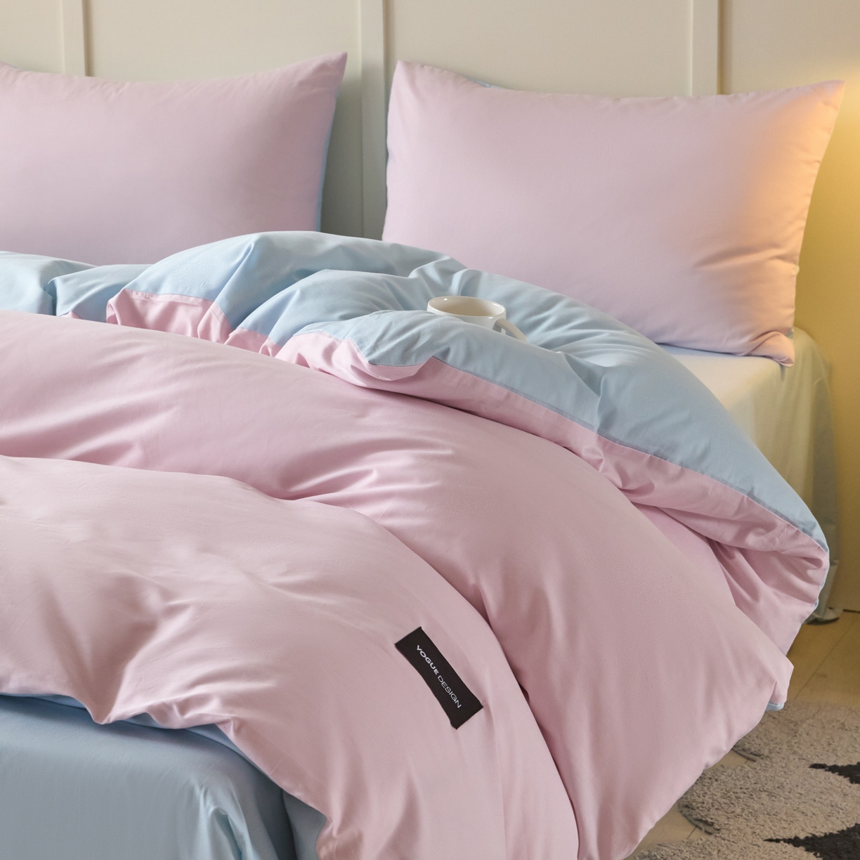 91家纺网 家纺一手货源 找家纺 乐美家纺 2025新款全棉双拼单被套 微微紫+粉末蓝