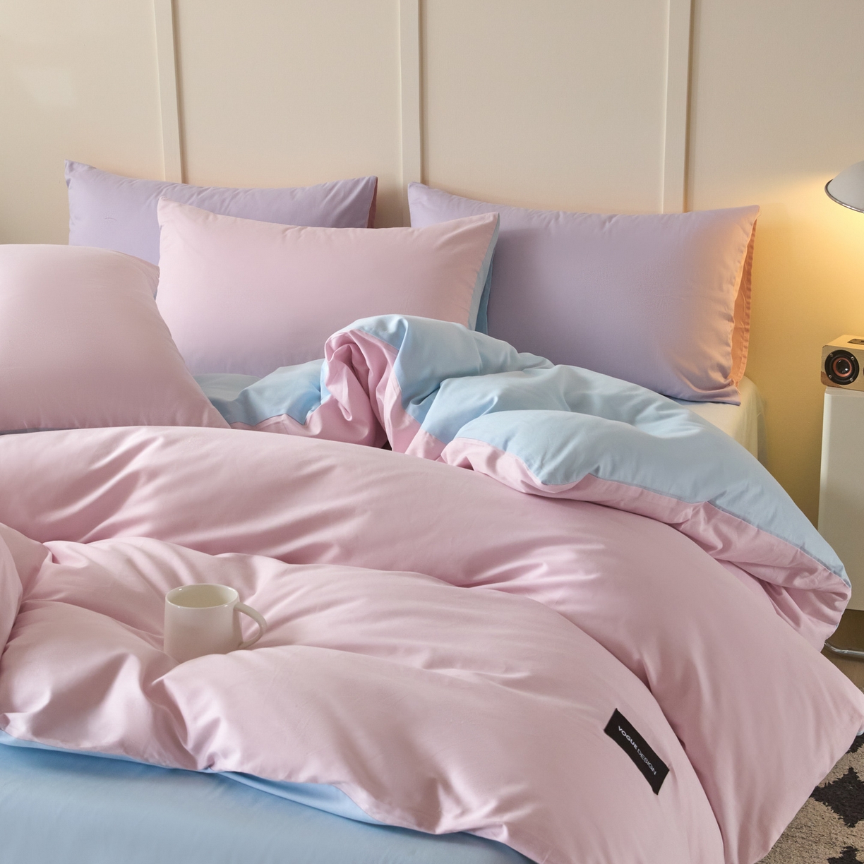 91家纺网 家纺一手货源 找家纺 乐美家纺 2025新款全棉双拼单被套 微微紫+粉末蓝