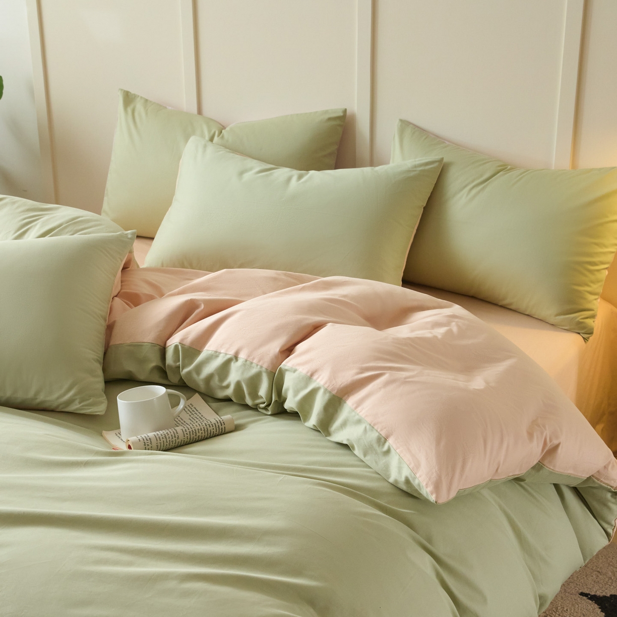 91家纺网 家纺一手货源 找家纺 乐美家纺 2025新款全棉双拼单被套 豆绿+米杏