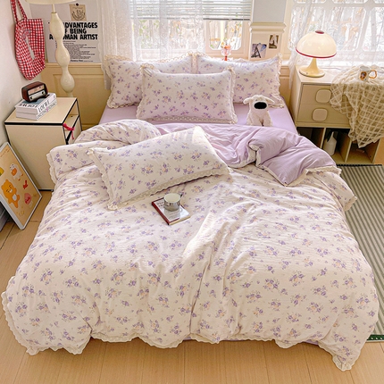 91家纺网 家纺一手货源 找家纺 （总）水木坊 2025新款皱皱双层纱镂空花边四件套