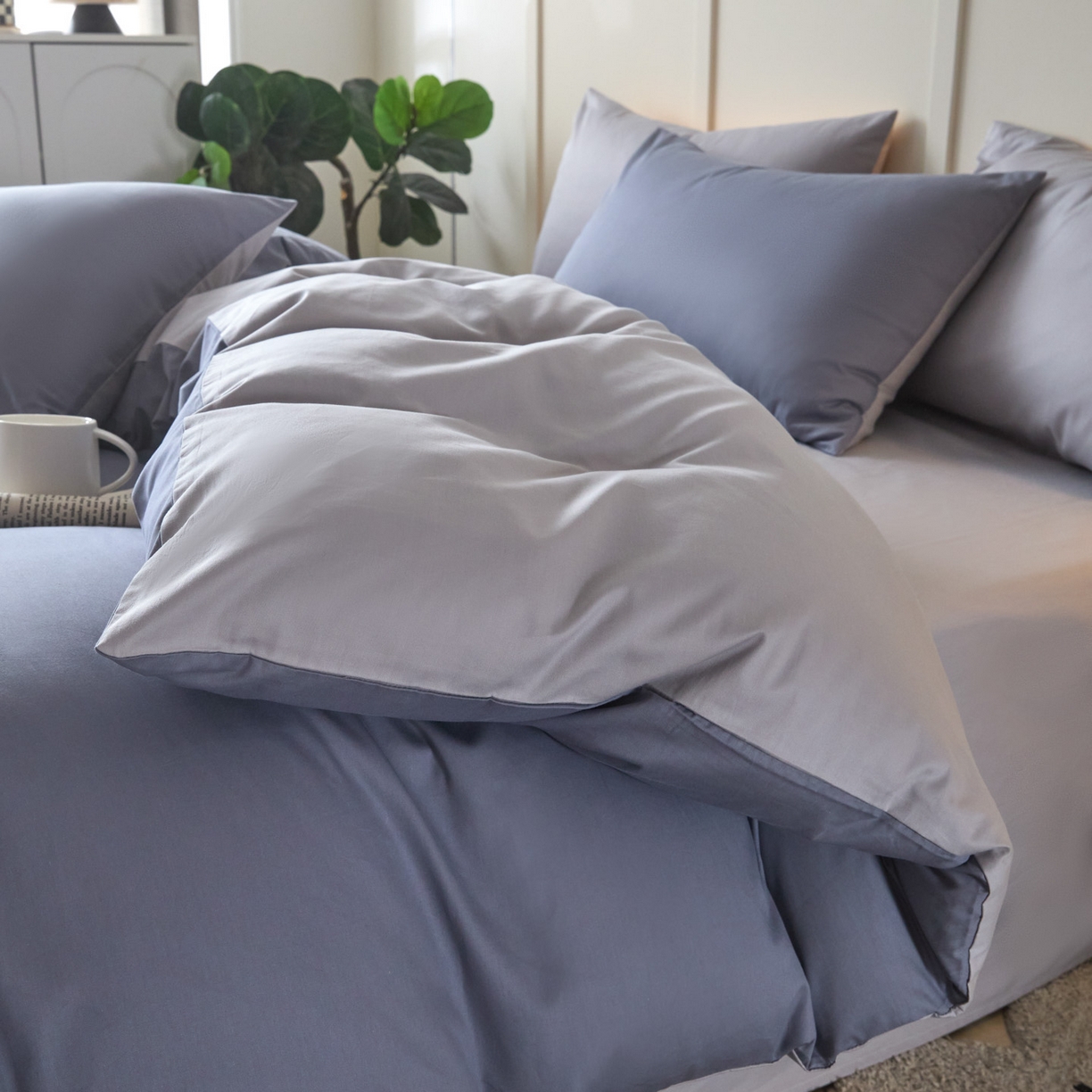 91家纺网 家纺一手货源 找家纺 乐美家纺 2025新款全棉双拼单被套 布鲁兰+石灰