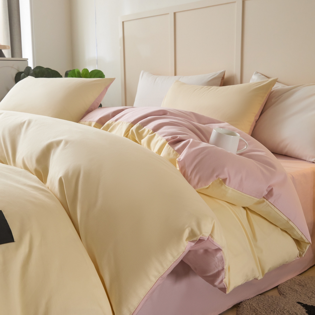 91家纺网 家纺一手货源 找家纺 乐美家纺 2025新款全棉双拼单被套 芝士黄+芍药粉