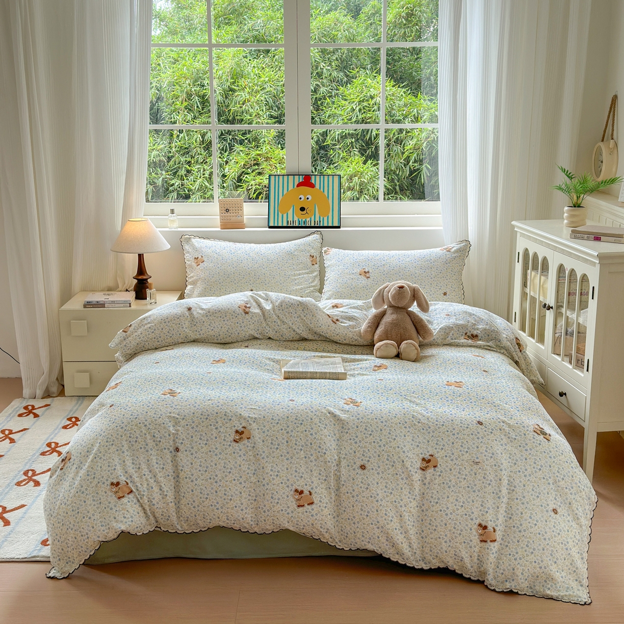 91家纺网 家纺一手货源 找家纺 淑女公社家纺 2025四季款全棉纯棉双层纱小香风四件套 腊肠狗 小蓝花