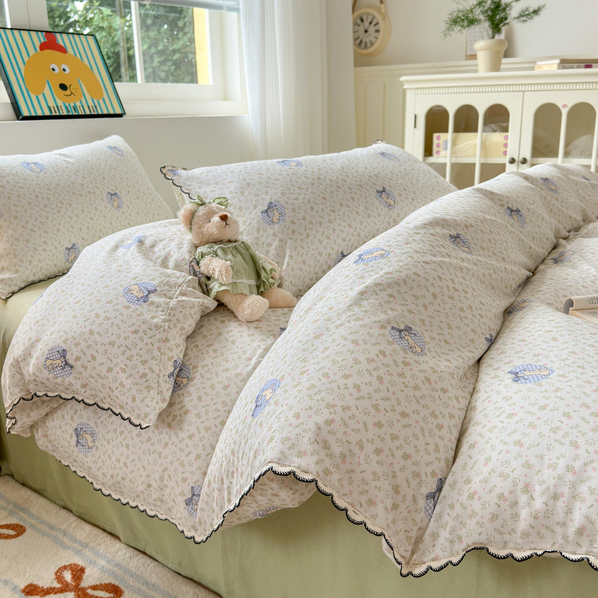 91家纺网 家纺一手货源 找家纺 淑女公社家纺 2025四季款全棉纯棉双层纱小香风四件套 乖乖兔 绿