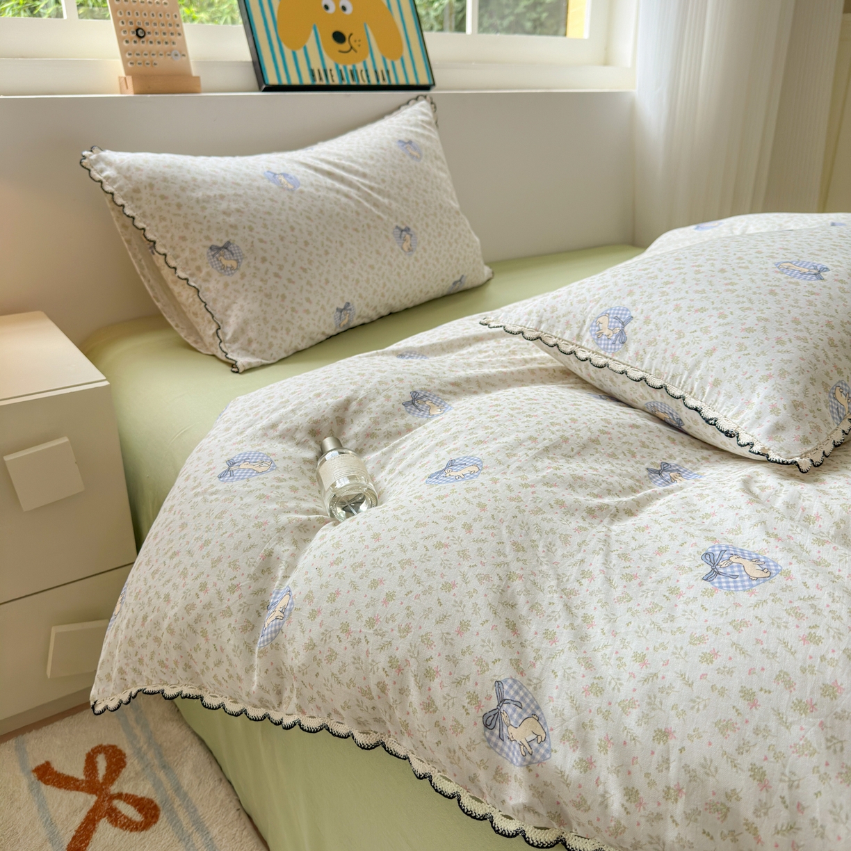 91家纺网 家纺一手货源 找家纺 淑女公社家纺 2025四季款全棉纯棉双层纱小香风四件套 乖乖兔 绿