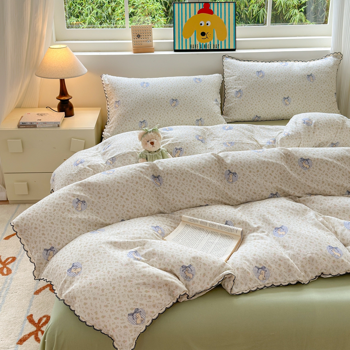 91家纺网 家纺一手货源 找家纺 淑女公社家纺 2025四季款全棉纯棉双层纱小香风四件套 乖乖兔 绿