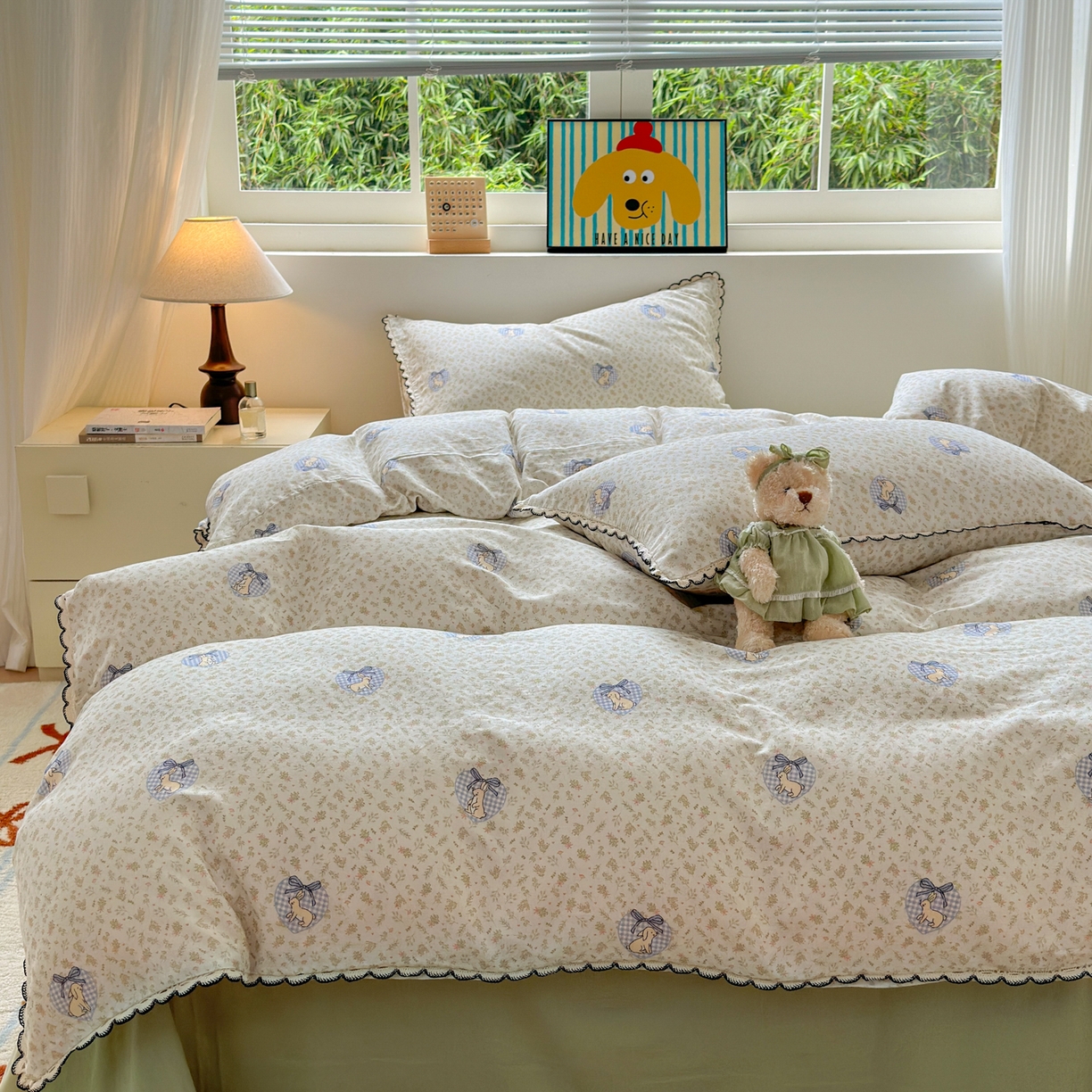 91家纺网 家纺一手货源 找家纺 淑女公社家纺 2025四季款全棉纯棉双层纱小香风四件套 乖乖兔 绿