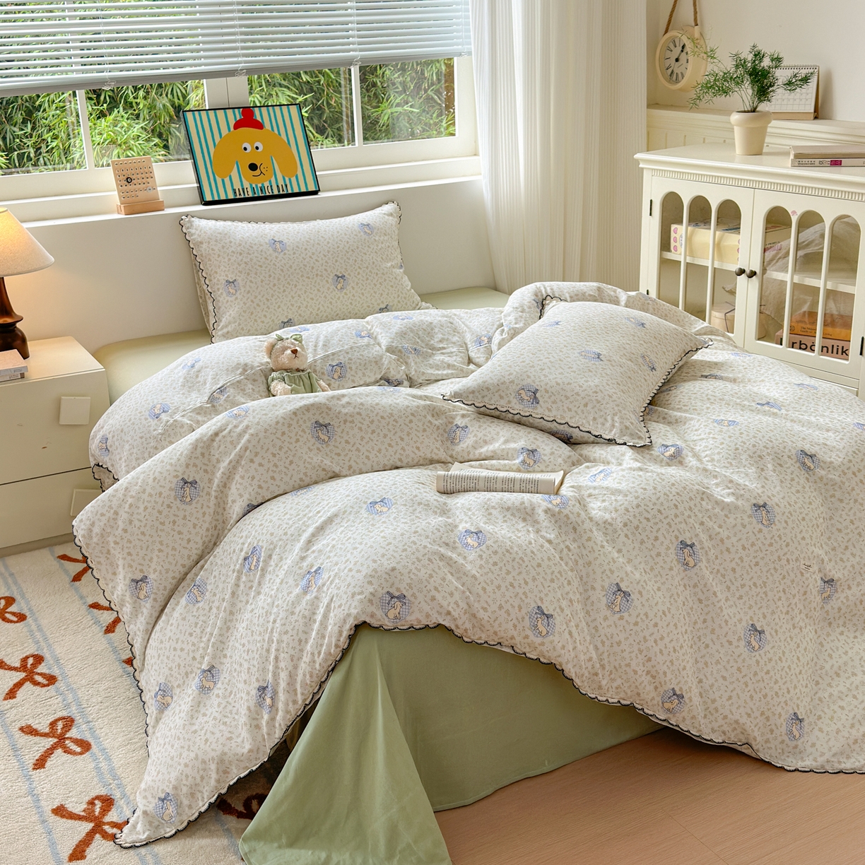 91家纺网 家纺一手货源 找家纺 淑女公社家纺 2025四季款全棉纯棉双层纱小香风四件套 乖乖兔 绿