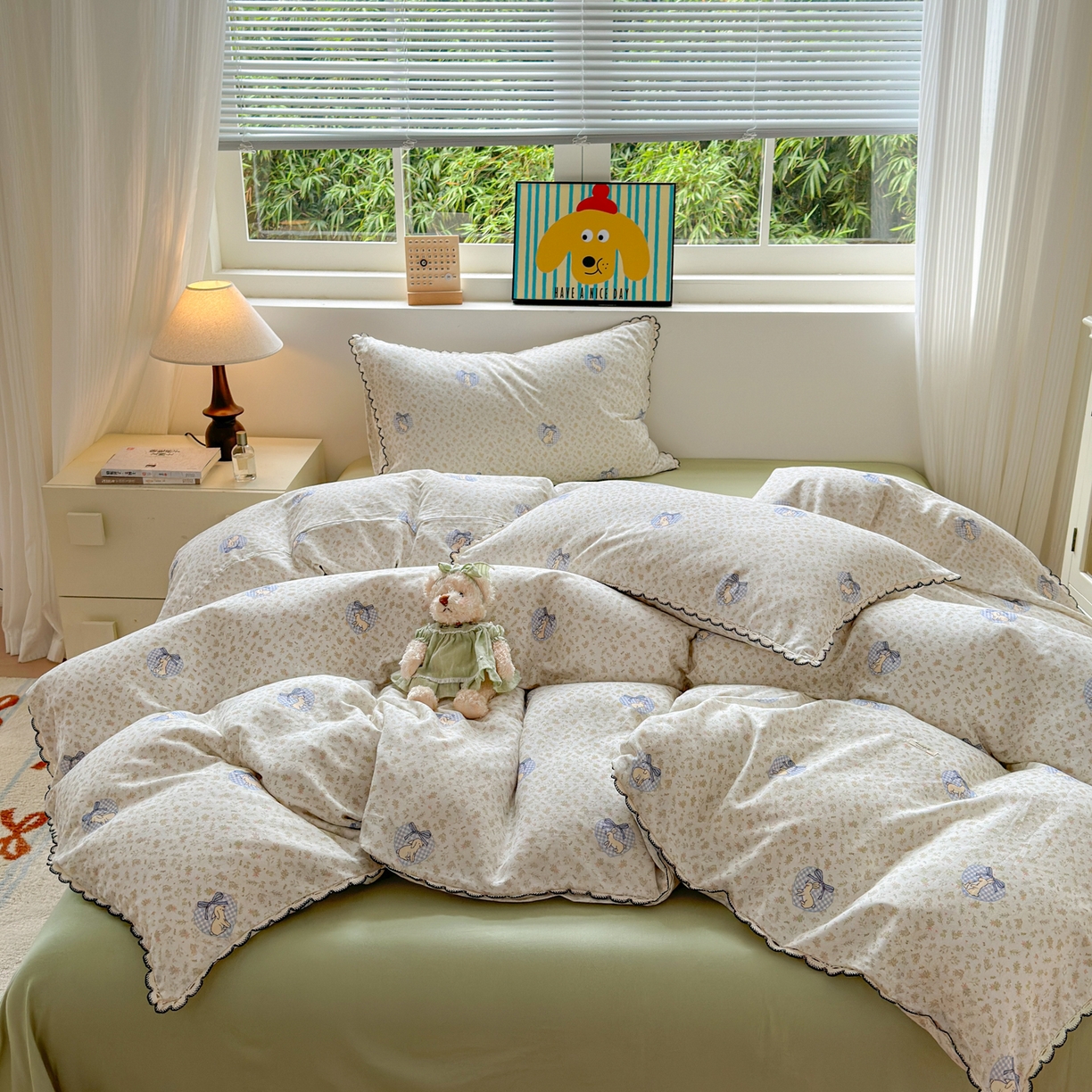 91家纺网 家纺一手货源 找家纺 淑女公社家纺 2025四季款全棉纯棉双层纱小香风四件套 乖乖兔 绿