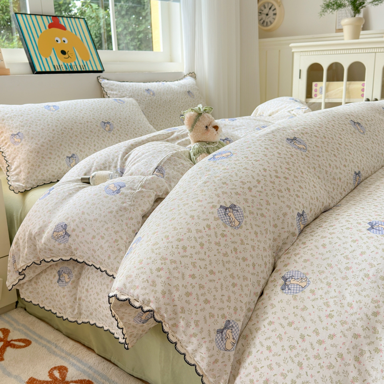 91家纺网 家纺一手货源 找家纺 淑女公社家纺 2025四季款全棉纯棉双层纱小香风四件套 乖乖兔 绿