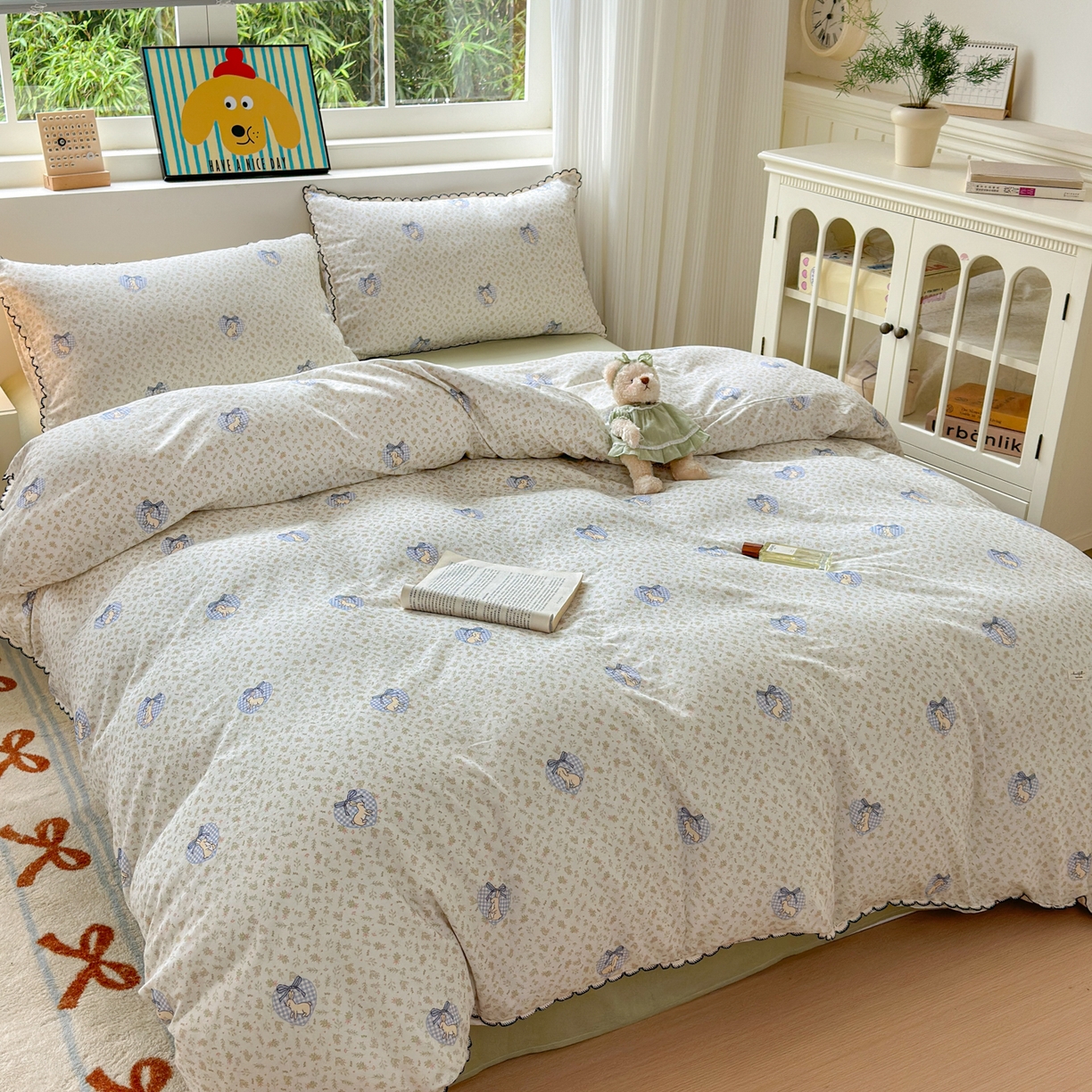 91家纺网 家纺一手货源 找家纺 淑女公社家纺 2025四季款全棉纯棉双层纱小香风四件套 乖乖兔 绿