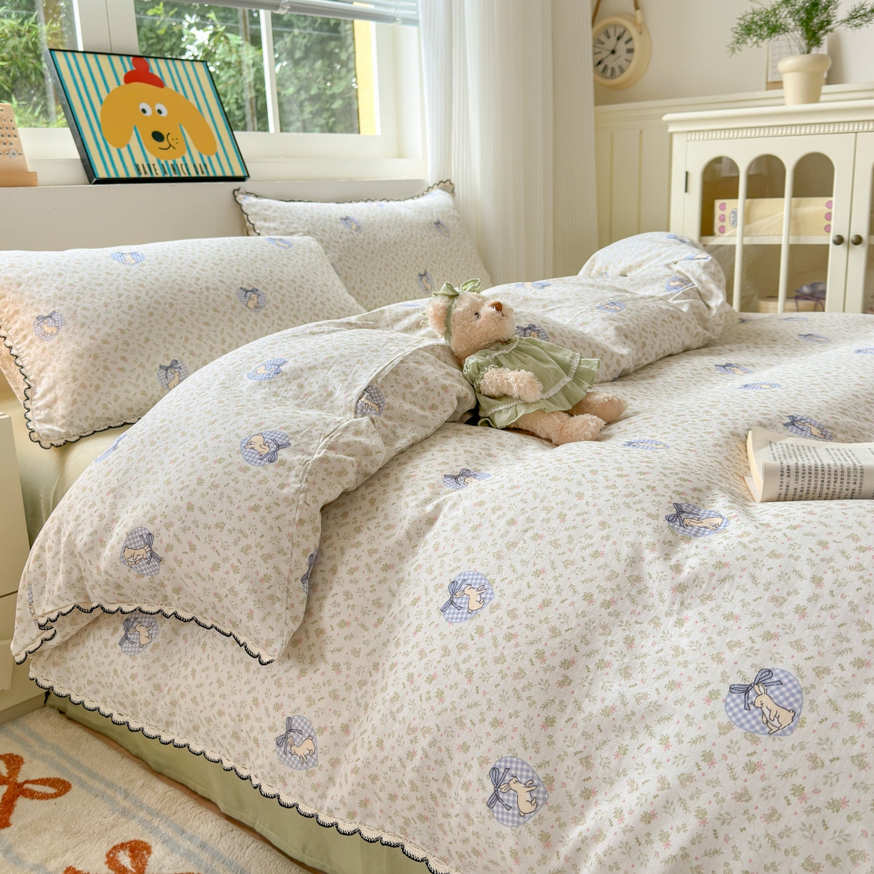 91家纺网 家纺一手货源 找家纺 淑女公社家纺 2025四季款全棉纯棉双层纱小香风四件套 乖乖兔 绿