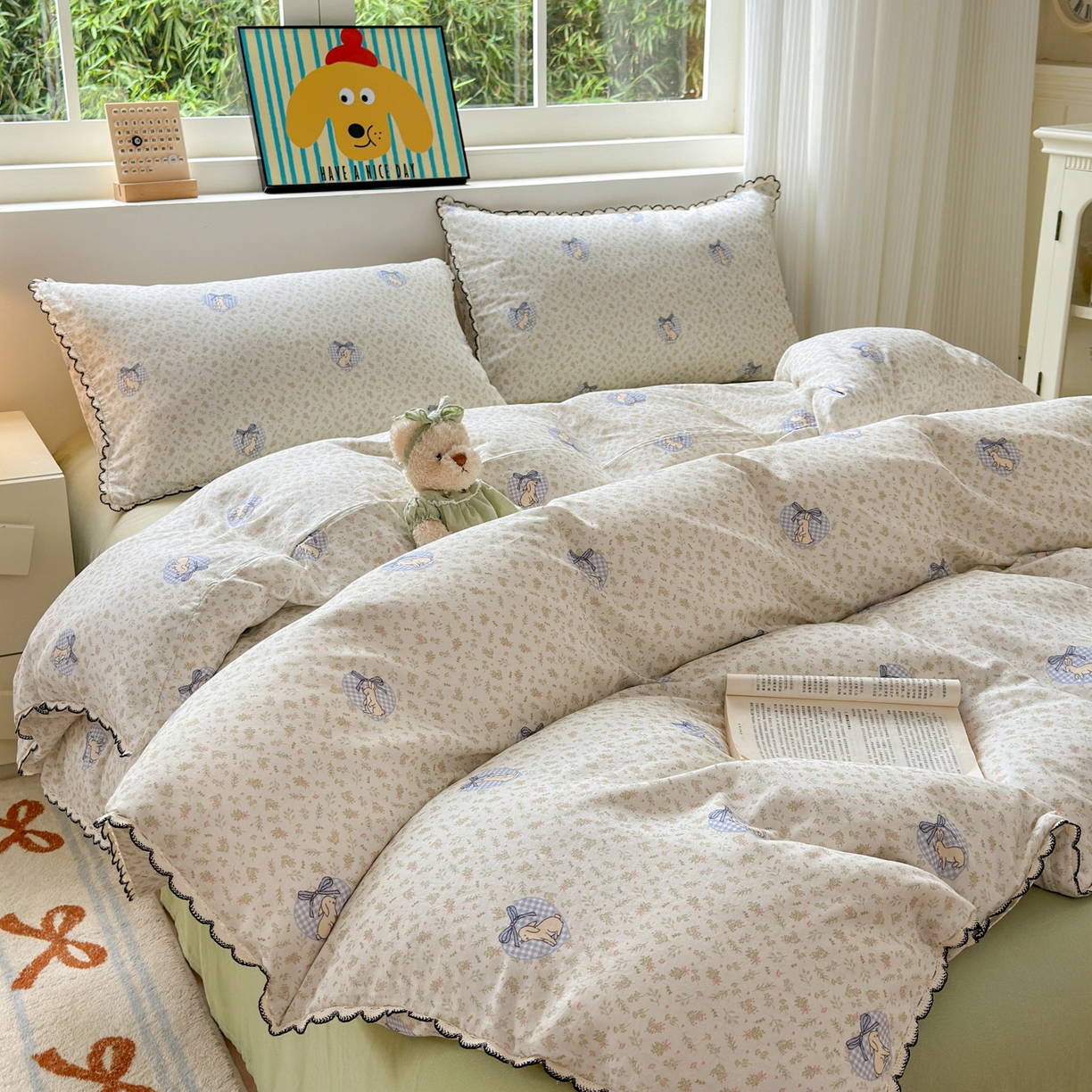 91家纺网 家纺一手货源 找家纺 淑女公社家纺 2025四季款全棉纯棉双层纱小香风四件套 乖乖兔 绿