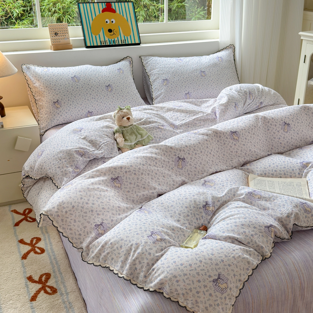 91家纺网 家纺一手货源 找家纺 淑女公社家纺 2025四季款全棉纯棉双层纱小香风四件套 乖乖兔 紫