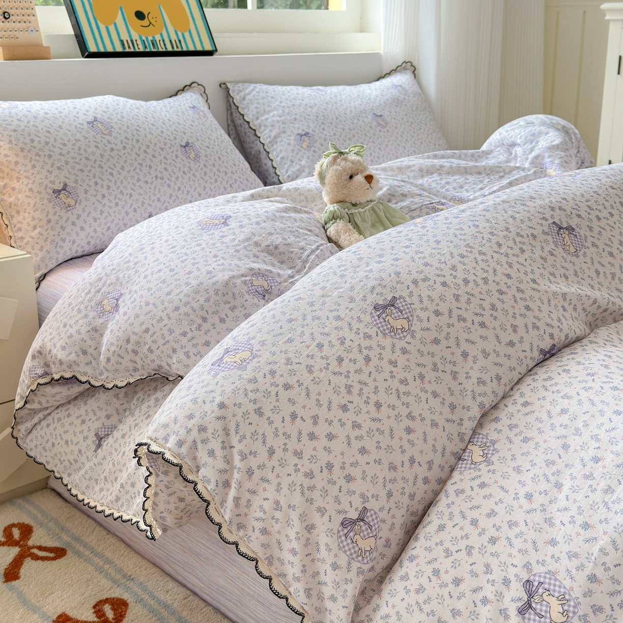 91家纺网 家纺一手货源 找家纺 淑女公社家纺 2025四季款全棉纯棉双层纱小香风四件套 乖乖兔 紫