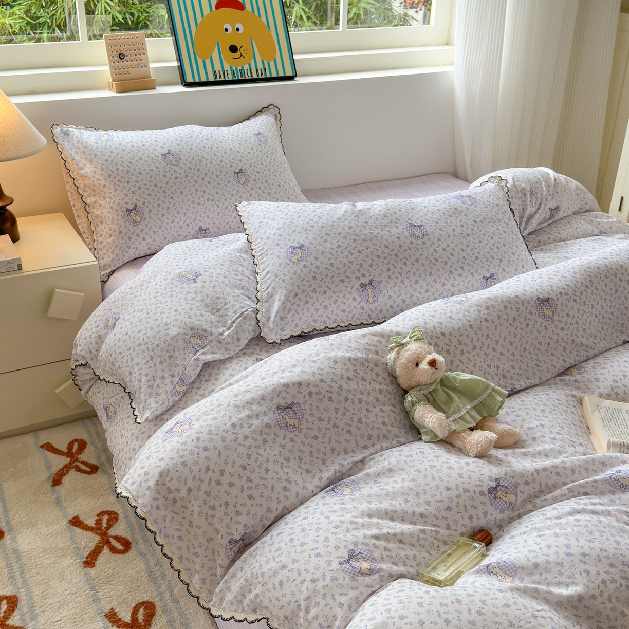 91家纺网 家纺一手货源 找家纺 淑女公社家纺 2025四季款全棉纯棉双层纱小香风四件套 乖乖兔 紫