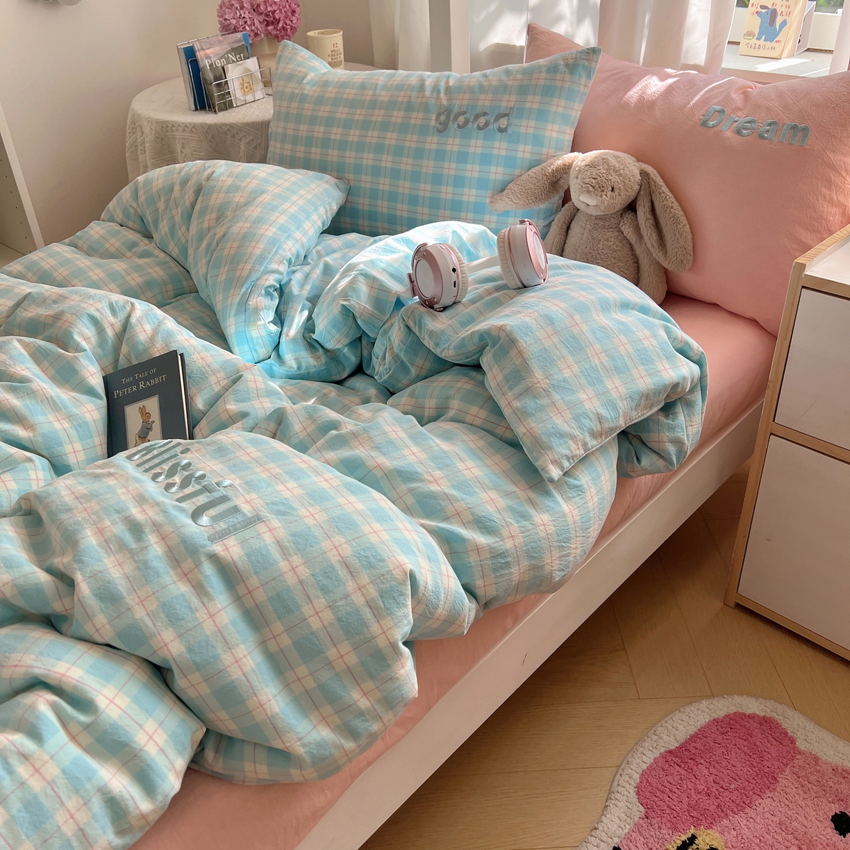 91家纺网 家纺一手货源 找家纺 丽涵家纺 2025新款全棉纯棉色织水洗棉刺绣三件套四件套 尚格-蓝