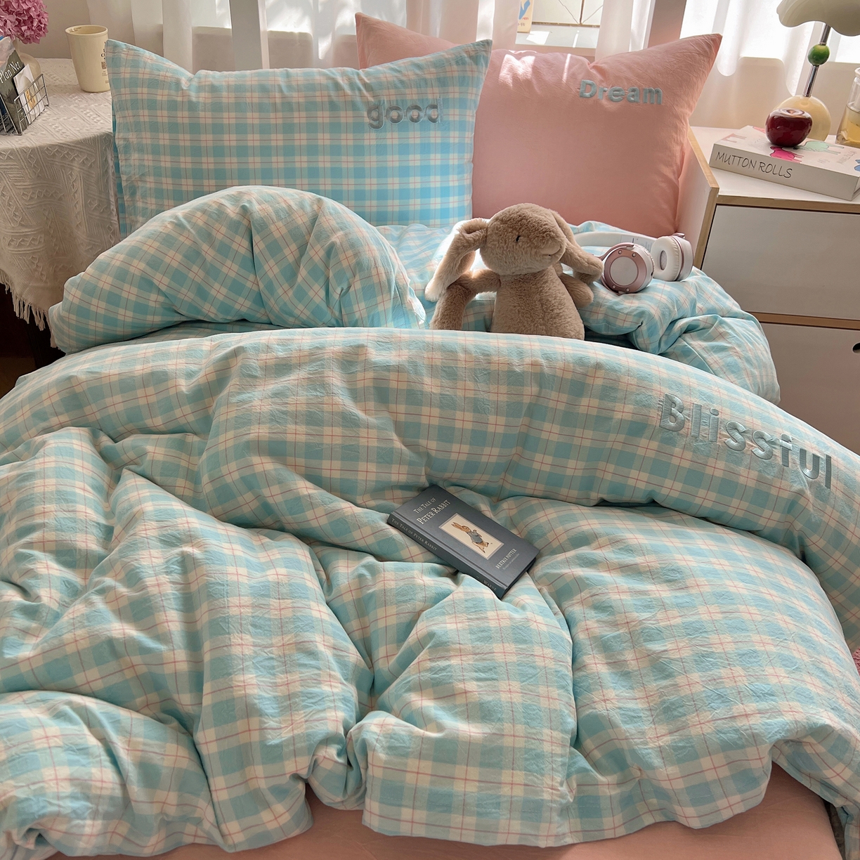 91家纺网 家纺一手货源 找家纺 丽涵家纺 2025新款全棉纯棉色织水洗棉刺绣三件套四件套 尚格-蓝