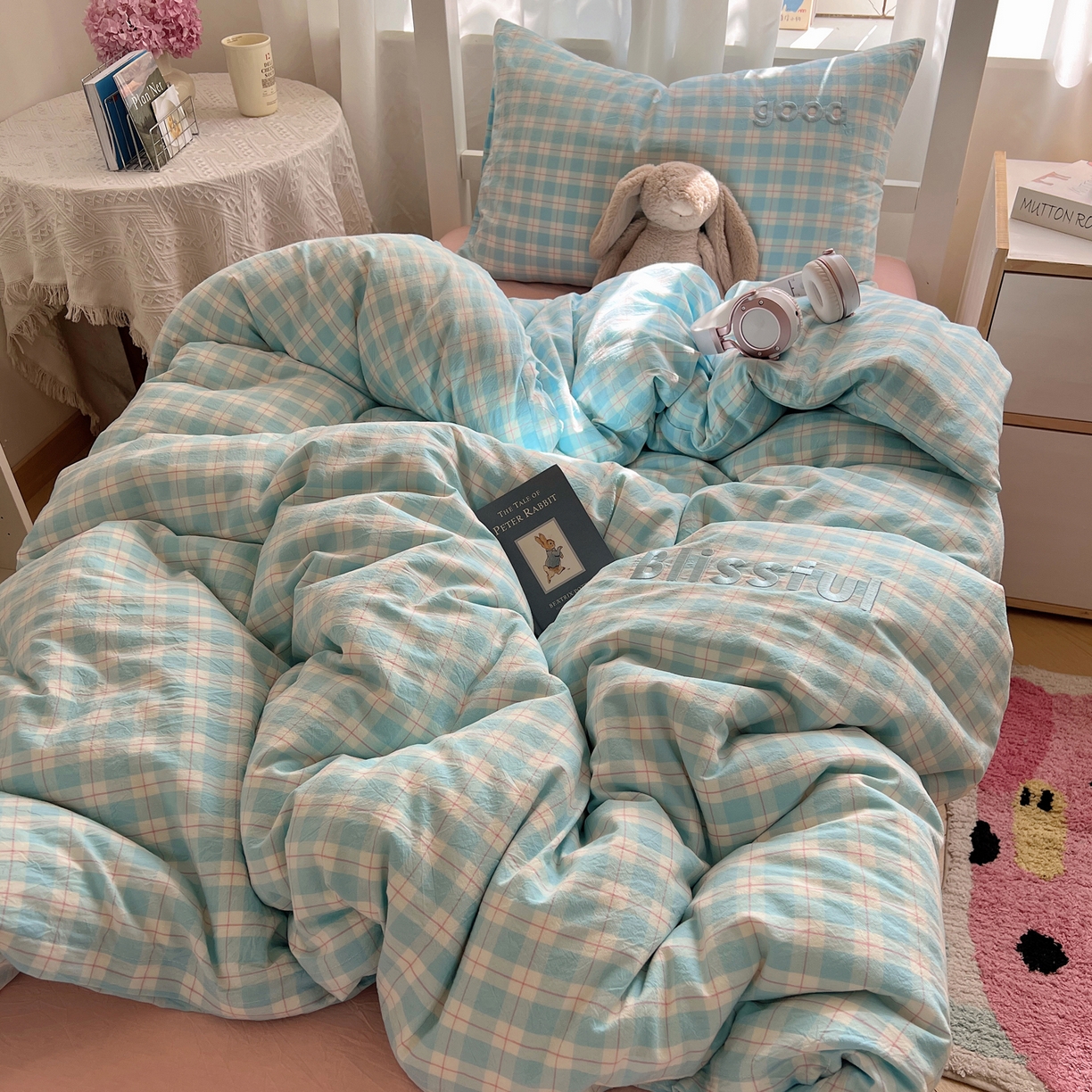 91家纺网 家纺一手货源 找家纺 丽涵家纺 2025新款全棉纯棉色织水洗棉刺绣三件套四件套 尚格-蓝