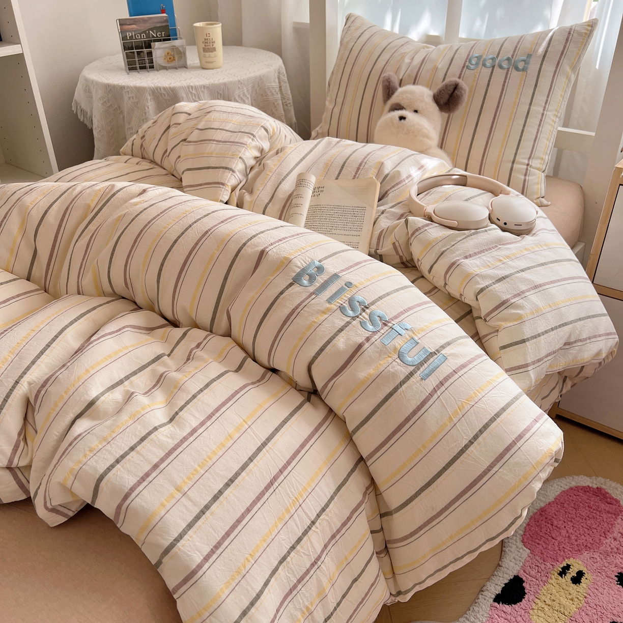 91家纺网 家纺一手货源 找家纺 丽涵家纺 2025新款全棉纯棉色织水洗棉刺绣三件套四件套 韵律-咖