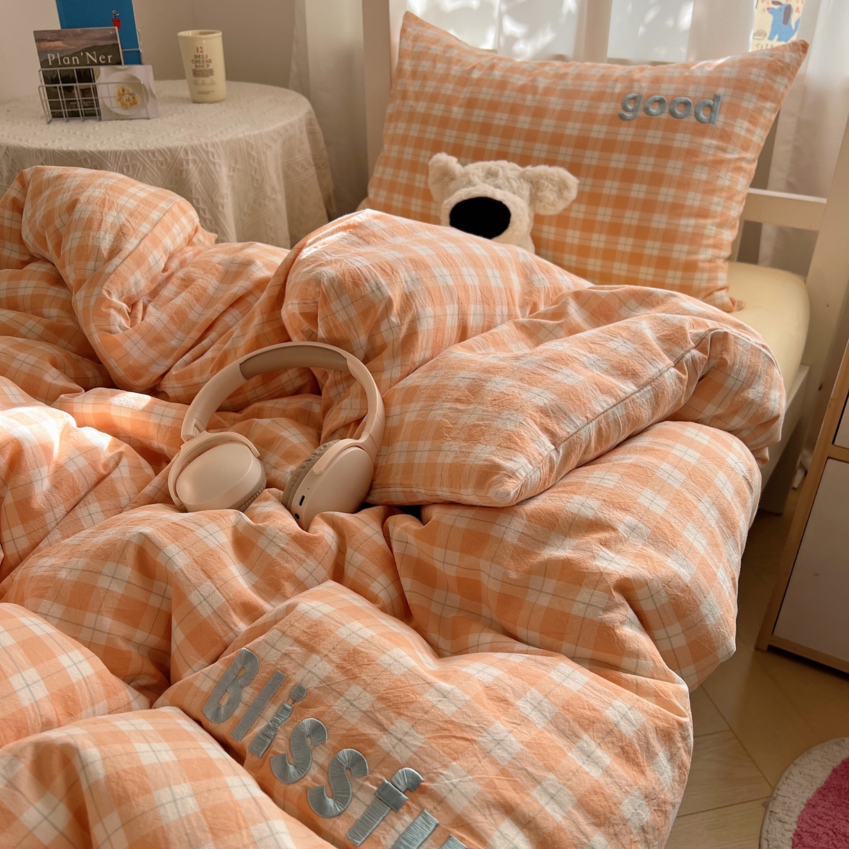 91家纺网 家纺一手货源 找家纺 丽涵家纺 2025新款全棉纯棉色织水洗棉刺绣三件套四件套 尚格-橘