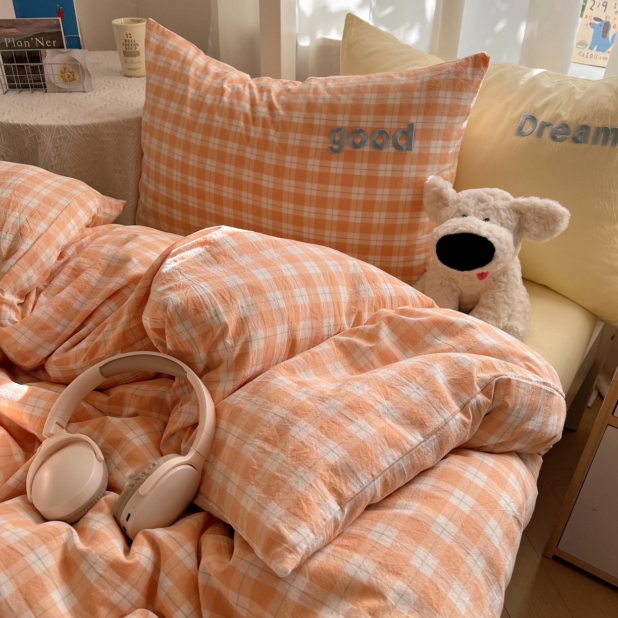 91家纺网 家纺一手货源 找家纺 丽涵家纺 2025新款全棉纯棉色织水洗棉刺绣三件套四件套 尚格-橘