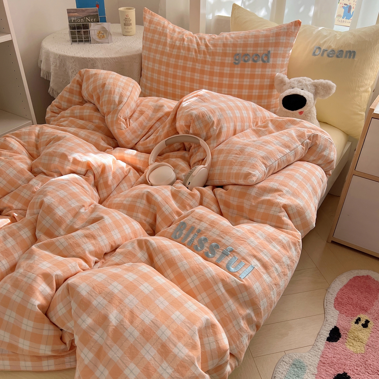 91家纺网 家纺一手货源 找家纺 丽涵家纺 2025新款全棉纯棉色织水洗棉刺绣三件套四件套 尚格-橘