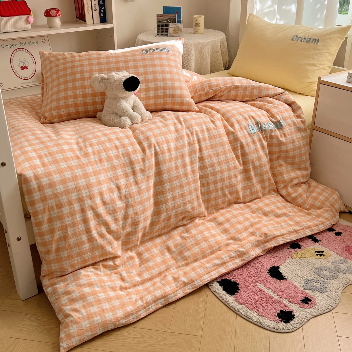 91家纺网 家纺一手货源 找家纺 丽涵家纺 2025新款全棉纯棉色织水洗棉刺绣三件套四件套 尚格-橘