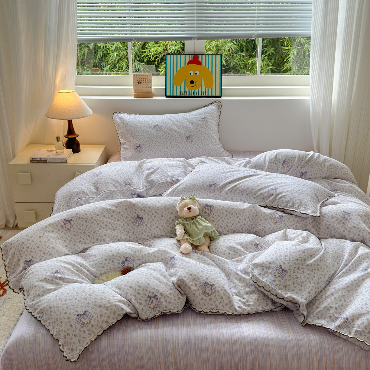 91家纺网 家纺一手货源 找家纺 淑女公社家纺 2025四季款全棉纯棉双层纱小香风四件套 乖乖兔 紫