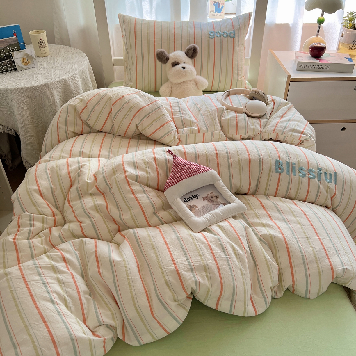 91家纺网 家纺一手货源 找家纺 丽涵家纺 2025新款全棉纯棉色织水洗棉刺绣三件套四件套 韵律-绿