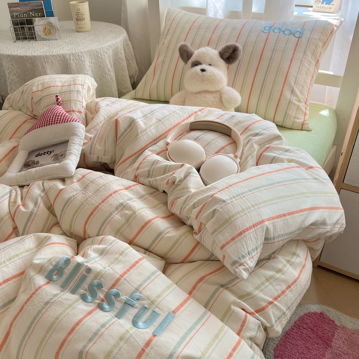 91家纺网 家纺一手货源 找家纺 丽涵家纺 2025新款全棉纯棉色织水洗棉刺绣三件套四件套 韵律-绿