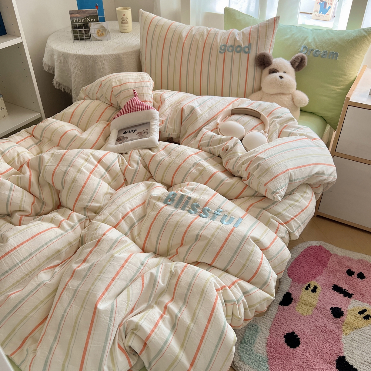 91家纺网 家纺一手货源 找家纺 丽涵家纺 2025新款全棉纯棉色织水洗棉刺绣三件套四件套 韵律-绿