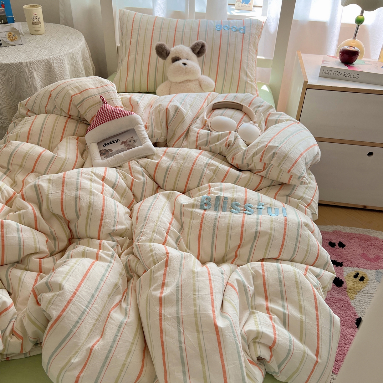 91家纺网 家纺一手货源 找家纺 丽涵家纺 2025新款全棉纯棉色织水洗棉刺绣三件套四件套 韵律-绿