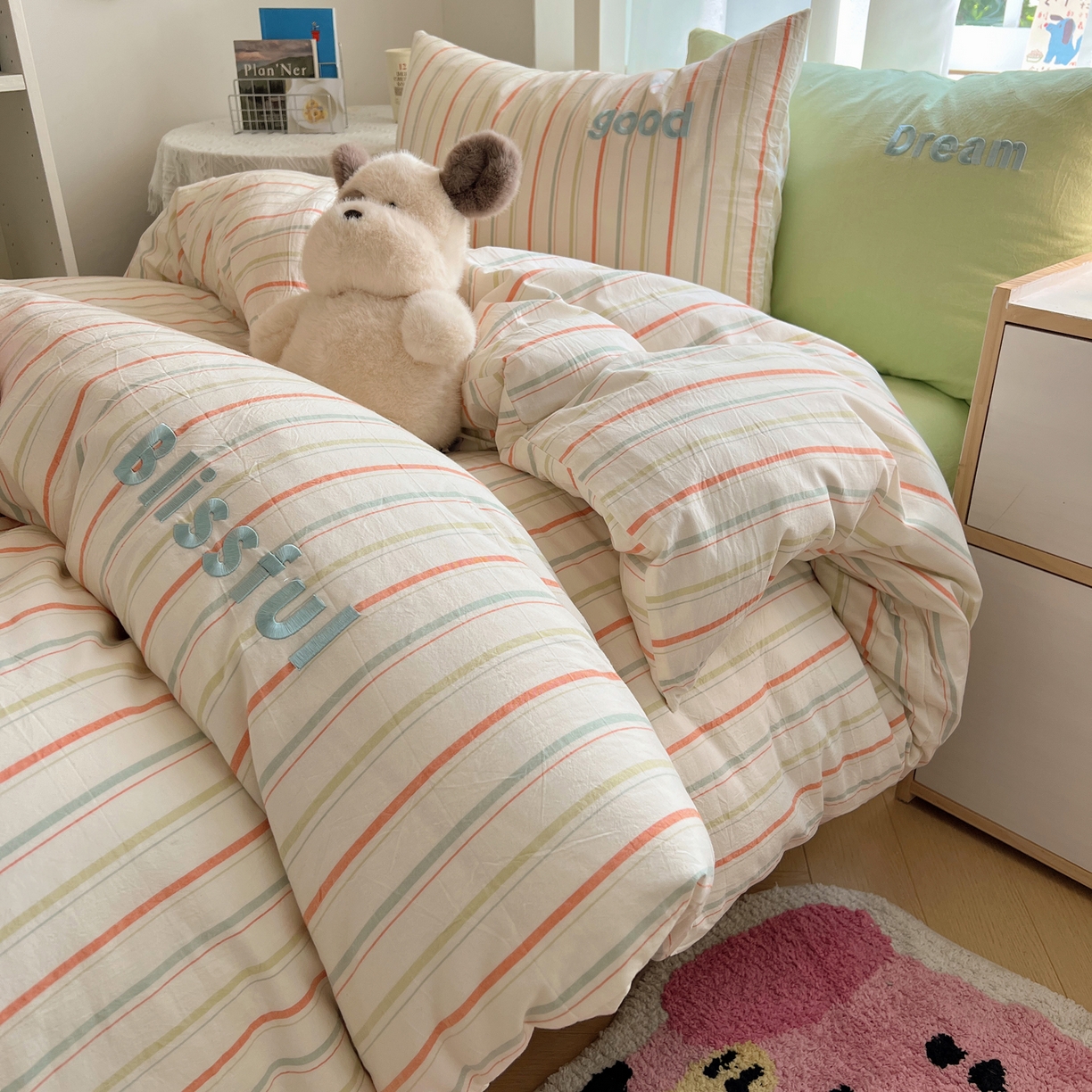 91家纺网 家纺一手货源 找家纺 丽涵家纺 2025新款全棉纯棉色织水洗棉刺绣三件套四件套 韵律-绿