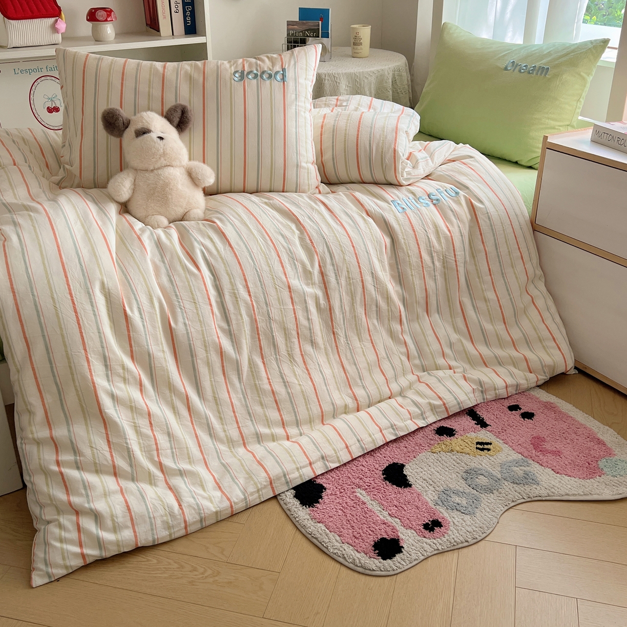 91家纺网 家纺一手货源 找家纺 丽涵家纺 2025新款全棉纯棉色织水洗棉刺绣三件套四件套 韵律-绿