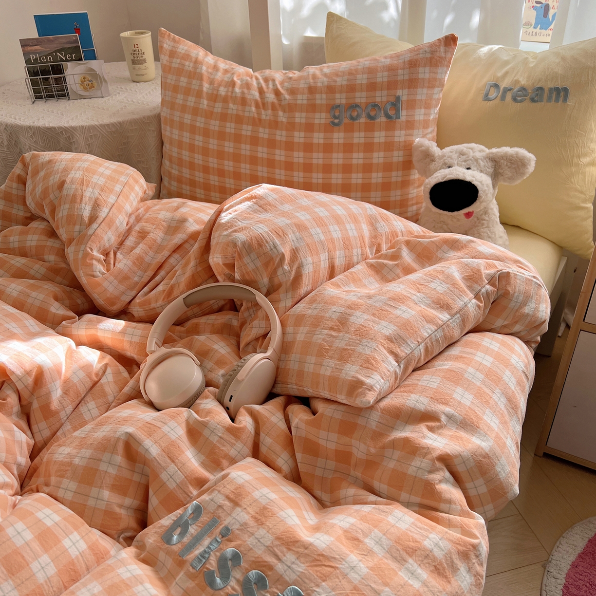 91家纺网 家纺一手货源 找家纺 丽涵家纺 2025新款全棉纯棉色织水洗棉刺绣三件套四件套 尚格-橘